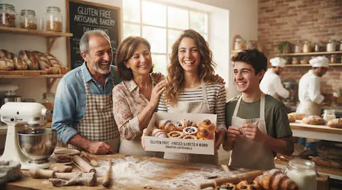 Famiglia sorridente con una scatola di pasticceria senza glutine