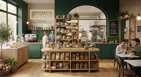 Interno di un negozio MAMO Senza Glutine con banco del fresco e scaffali