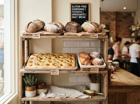 Scaffale di pane e focacce senza glutine appena sfornati